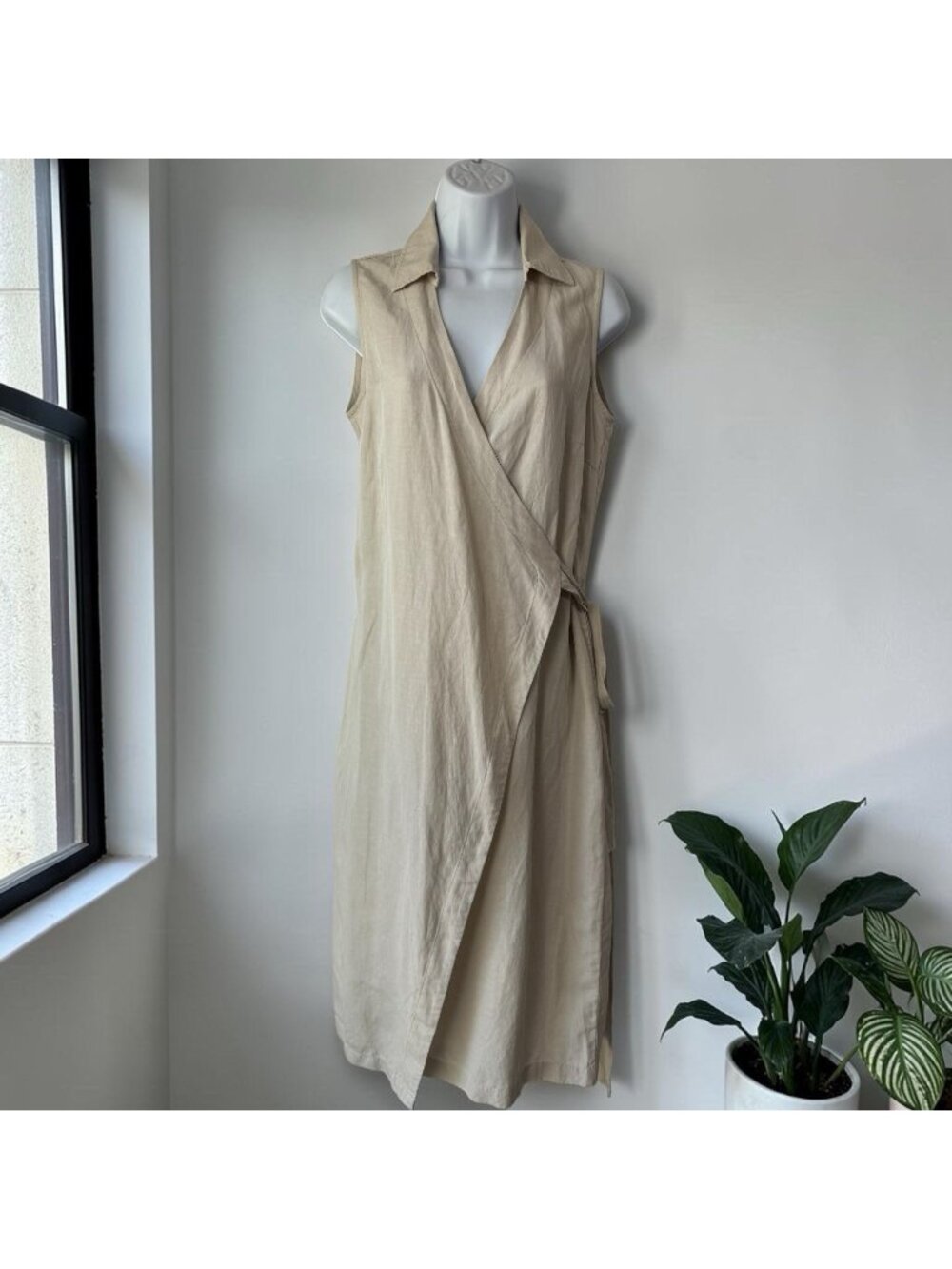 J. McLaughlin Wrap Midi Dress Linen Blend Sand Color Size Small NEW - Picture 3 of 7